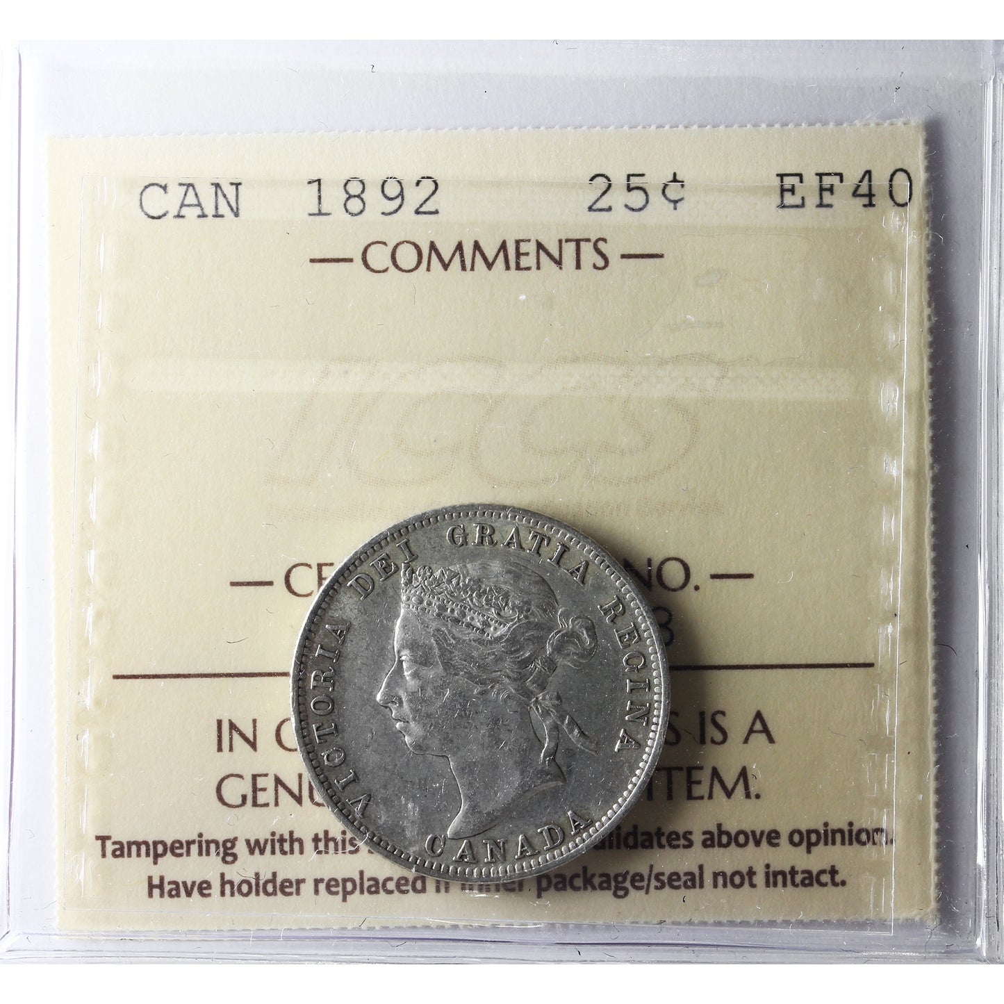1892 Canada 25-cents ICCS Certified EF-40