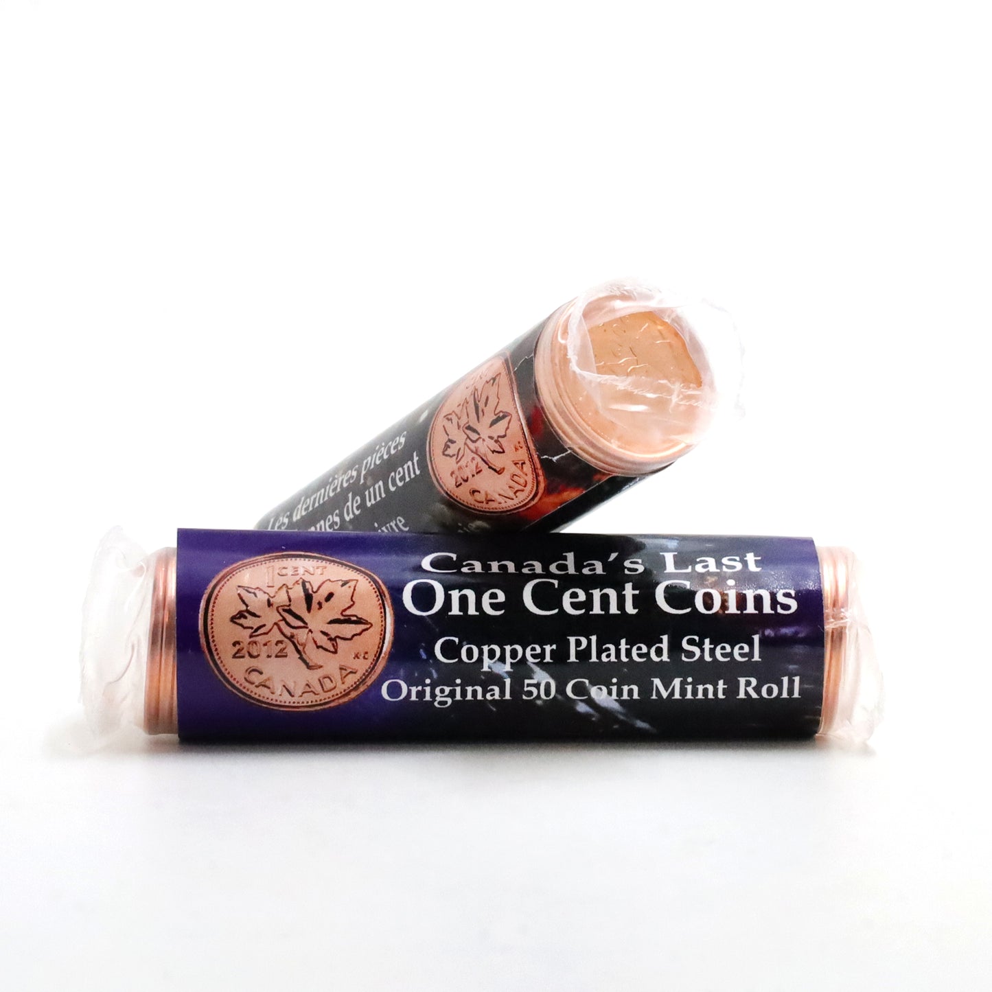 Pair of 2012 Canada's Last 1-cent Plated Steel & Zinc Rolls of 50Pcs, 2 Rolls