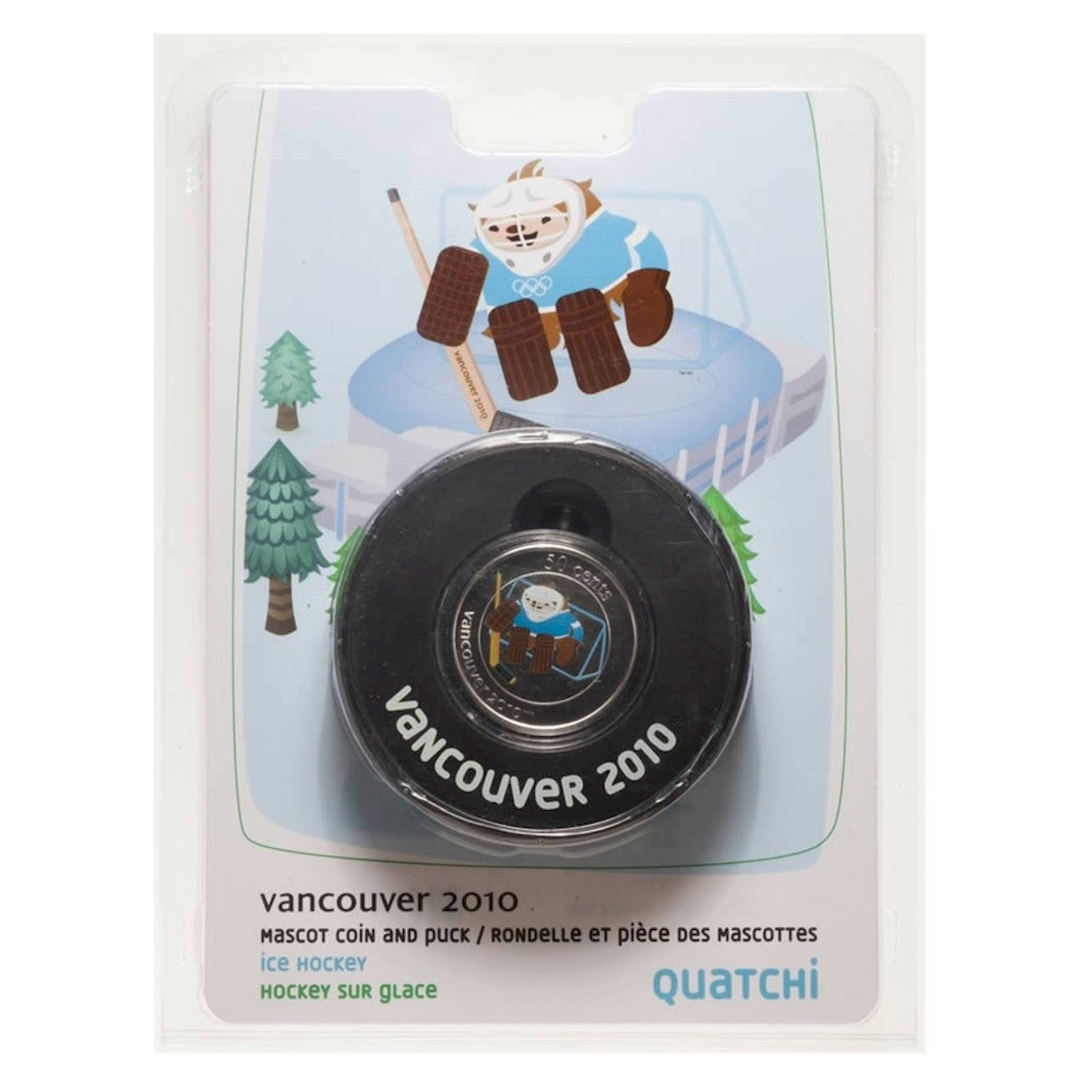 2010 Canada 50-cent Olympic Mascot Puck - Quatchi (Lightly Scuffed Package)