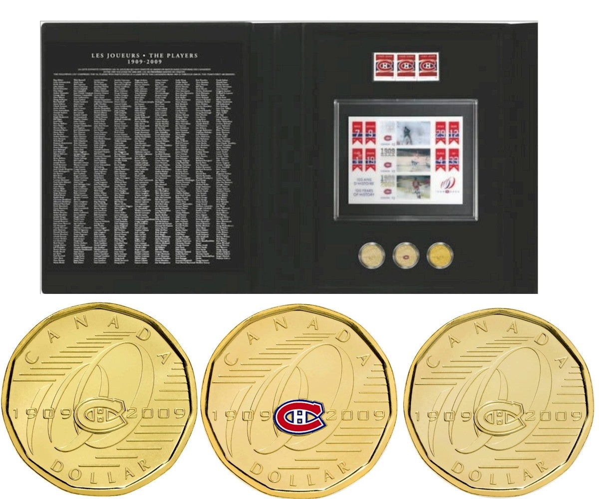 2009 Canada Montreal Canadiens 100th Anniversary 3-Coin & Stamp Set - Sleeve Worn