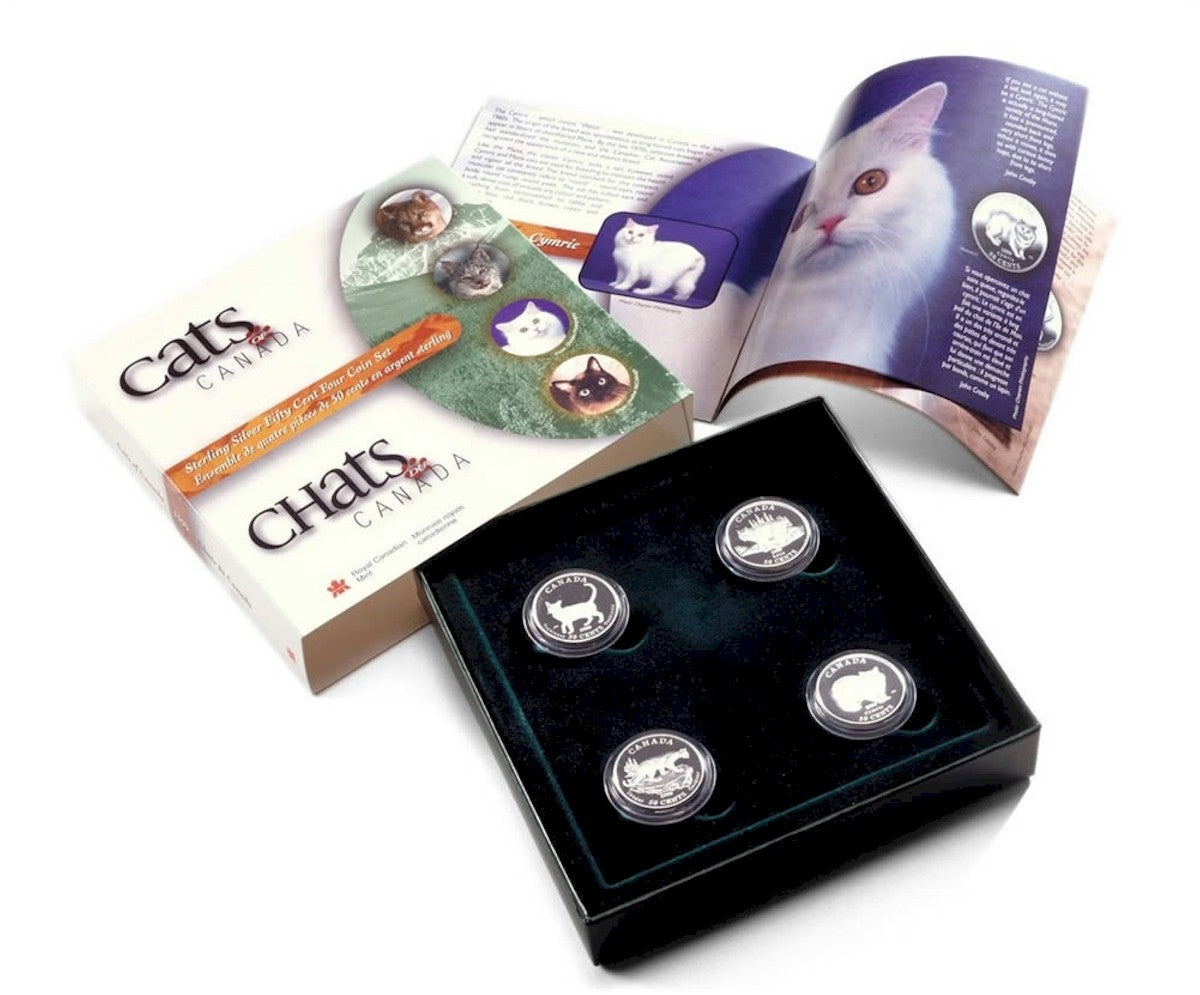 1999 50-cent Cats of Canada Sterling Silver 4-coin Set (Outer Sleeve Worn)
