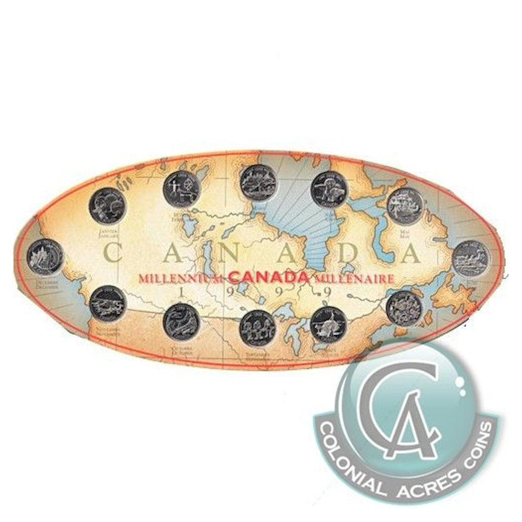 1999 Canada Millennium 12-coin 25-cent Set in Map of Canada Board