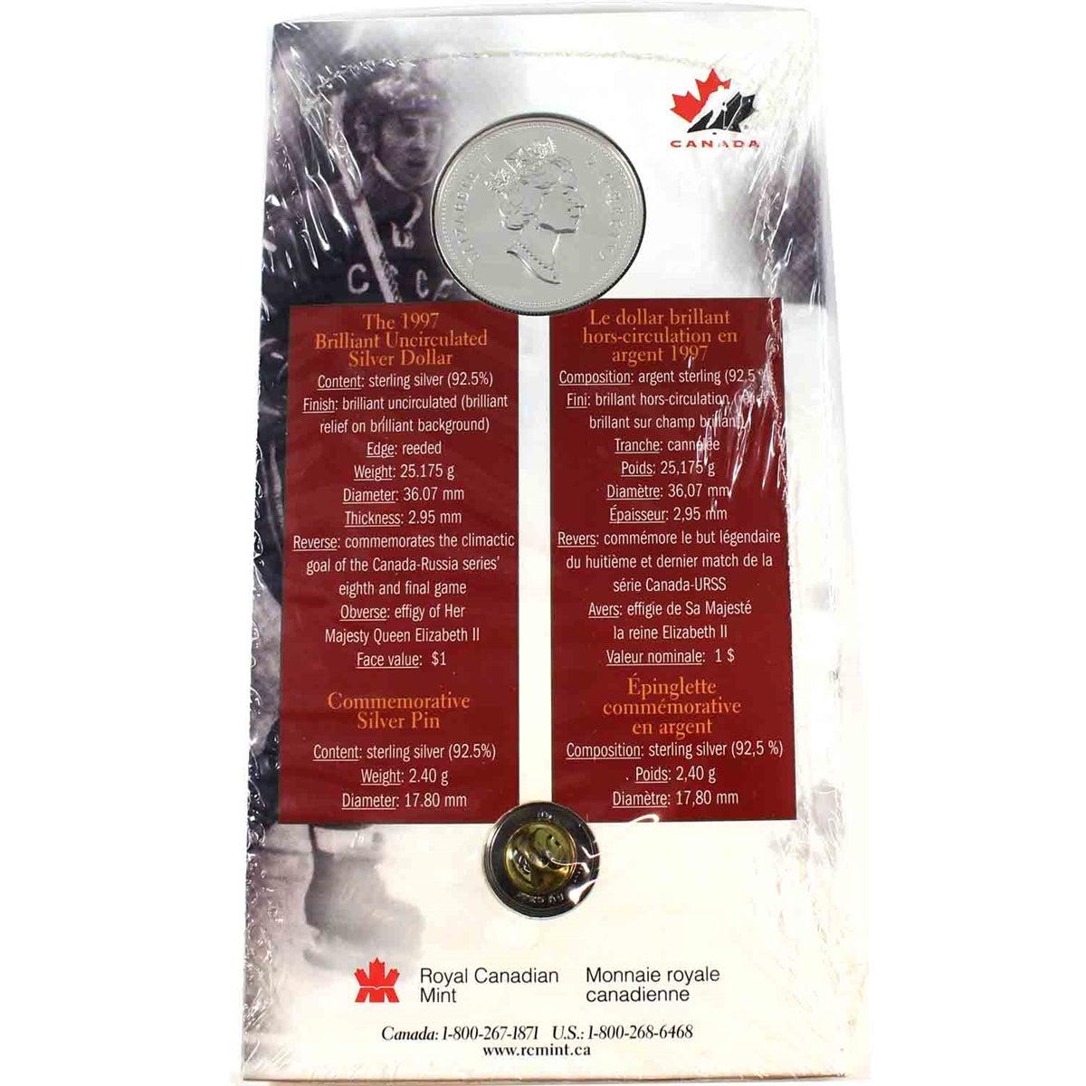 1997 Canada/Russia Hockey BU Sterling Silver Dollar and Pin (may be toned/folder bent)