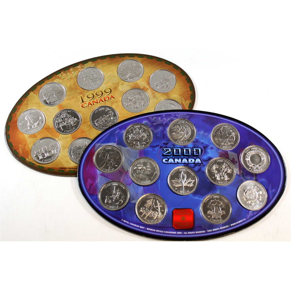 Pair of 1999 & 2000 Canada 12-coin Millennium 25-cent Mini Oval Boards, 2Pcs
