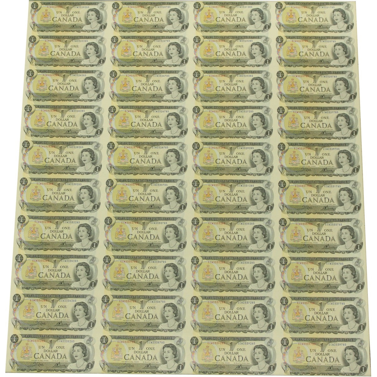 1973 Canada $1 ECW Prefix Uncut Sheet of 40 Notes - 4x10 Format