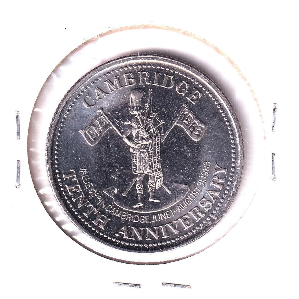 1983 Cambridge, ON, 10th Anniversary of Incorporation Trade Dollar Token w/Bagpiper
