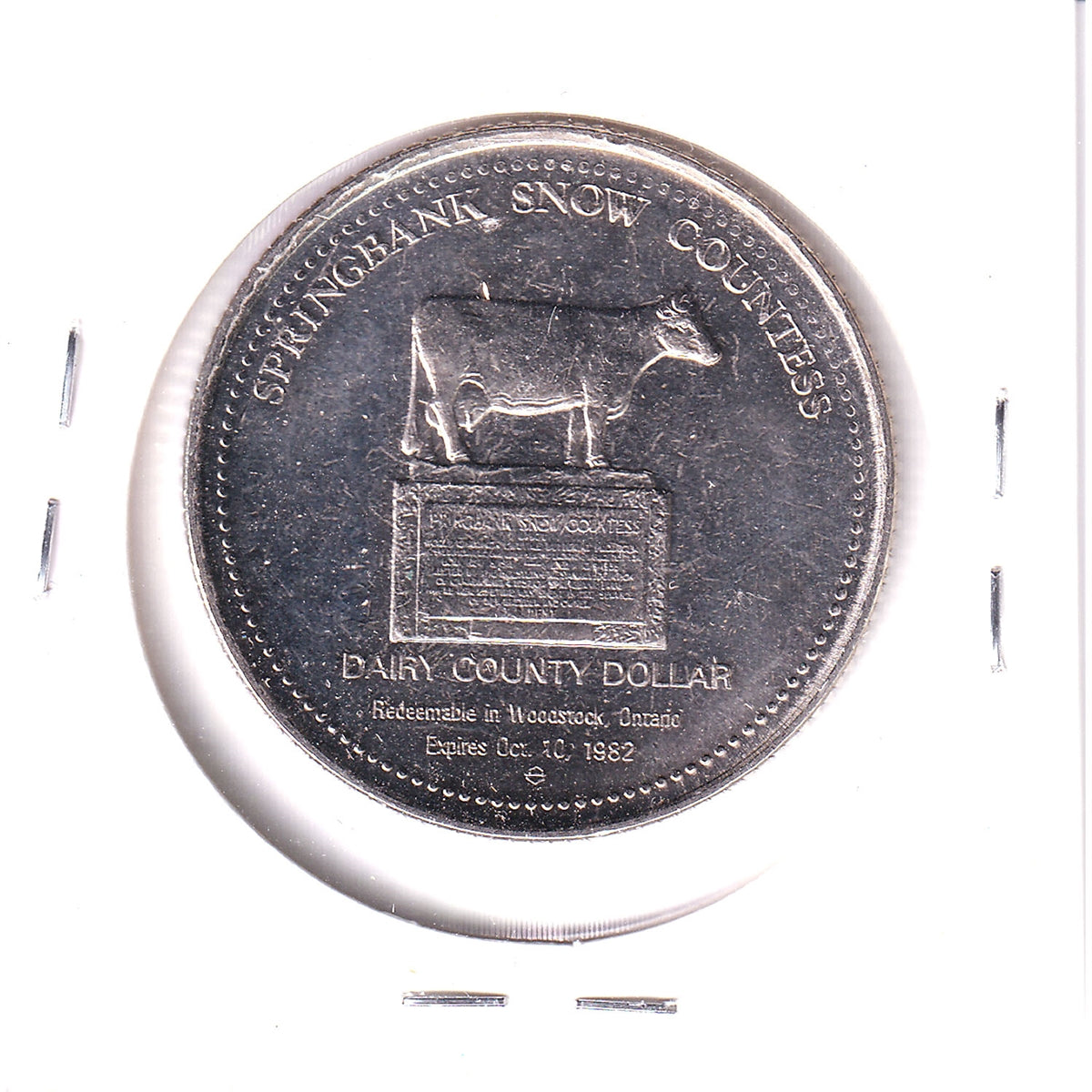 1982 Woodstock, ON, Dairy County Dollar Trade Token: Courthouse & Snow Countess Cow