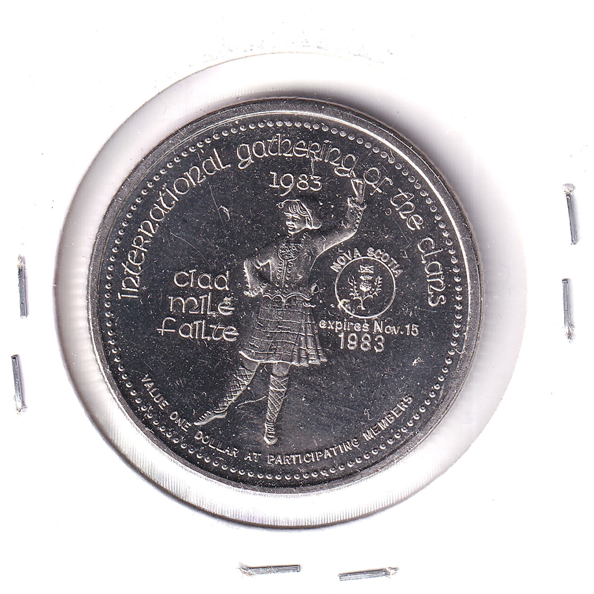 1983 Cape Breton, Nova Scotia, MacPuffin Dollar Trade Token: Intl Gathering of Clans