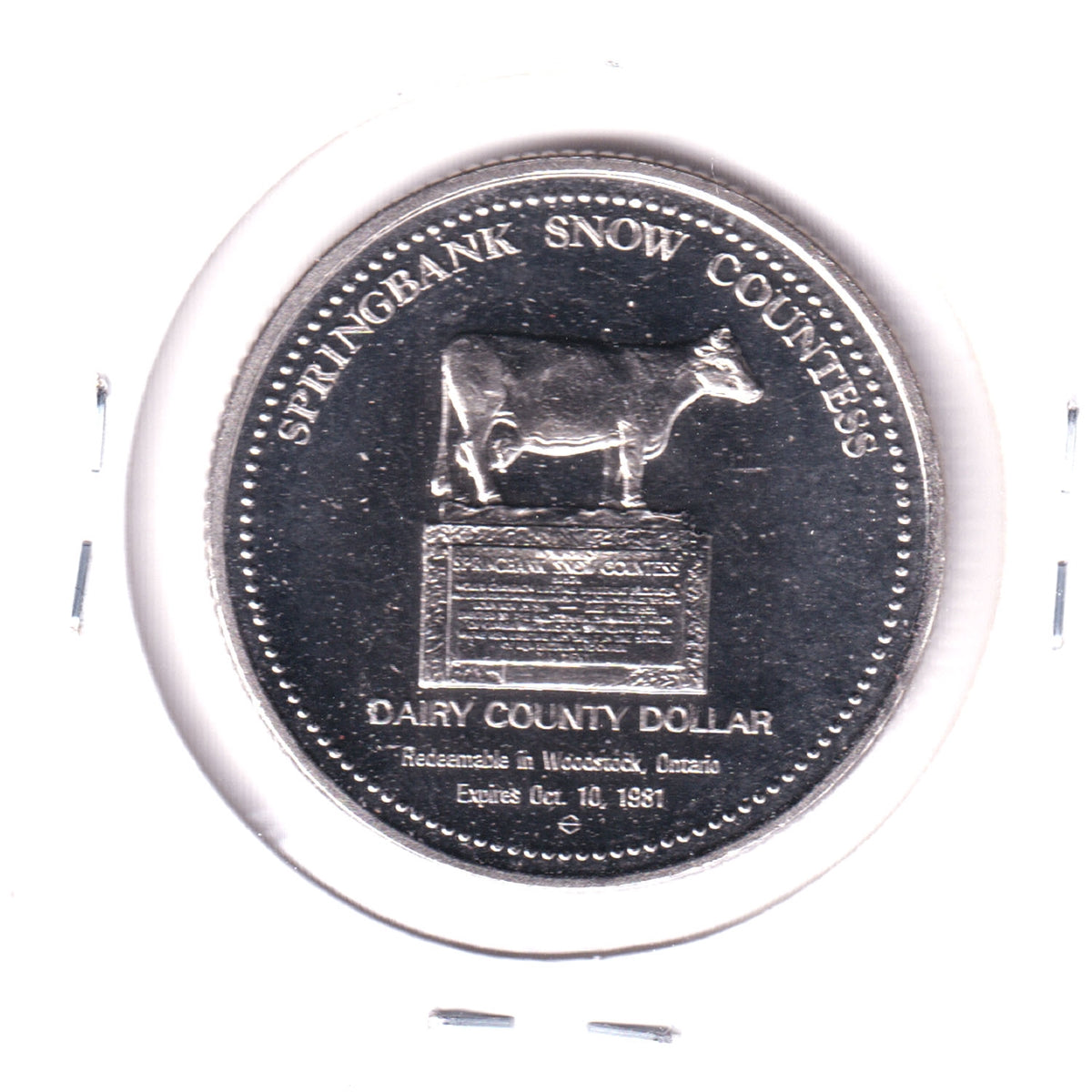 1981 Woodstock, ON, Dairy County Dollar Trade Token: Old Town Hall