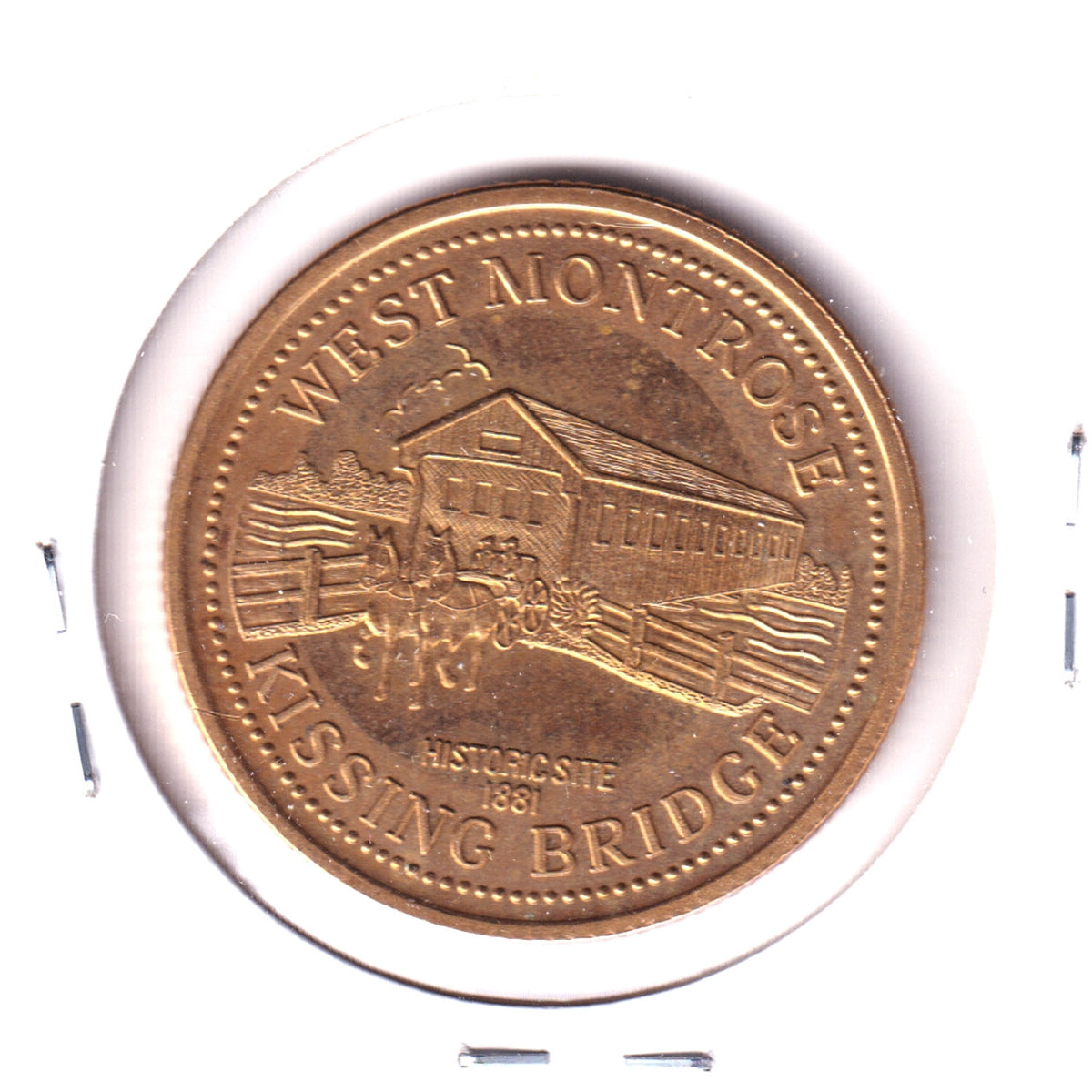 1986 K-W Oktoberfest $2 Trade Token: West Montrose Kissing Bridge (Minor corrosion)