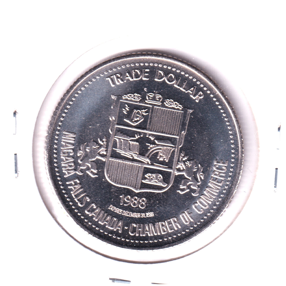 1988 Niagara Falls, ON, Trade Dollar Token: View From Above, The Towers of Niagara