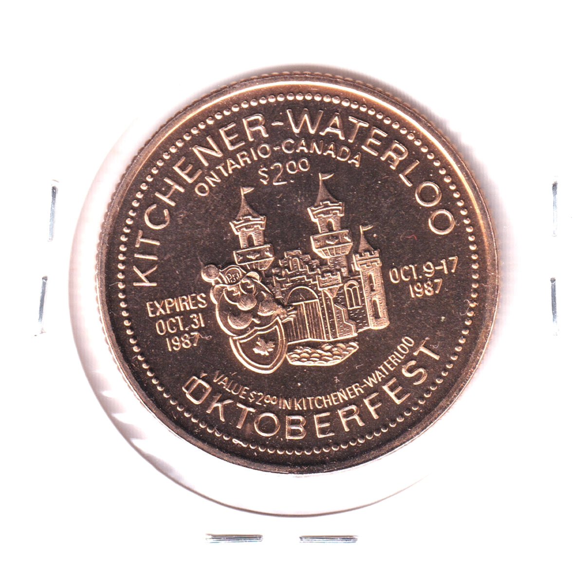 1987 Gold Plated K-W Oktoberfest $2 Trade Dollar Token: Pioneer Memorial Tower, Kitchener