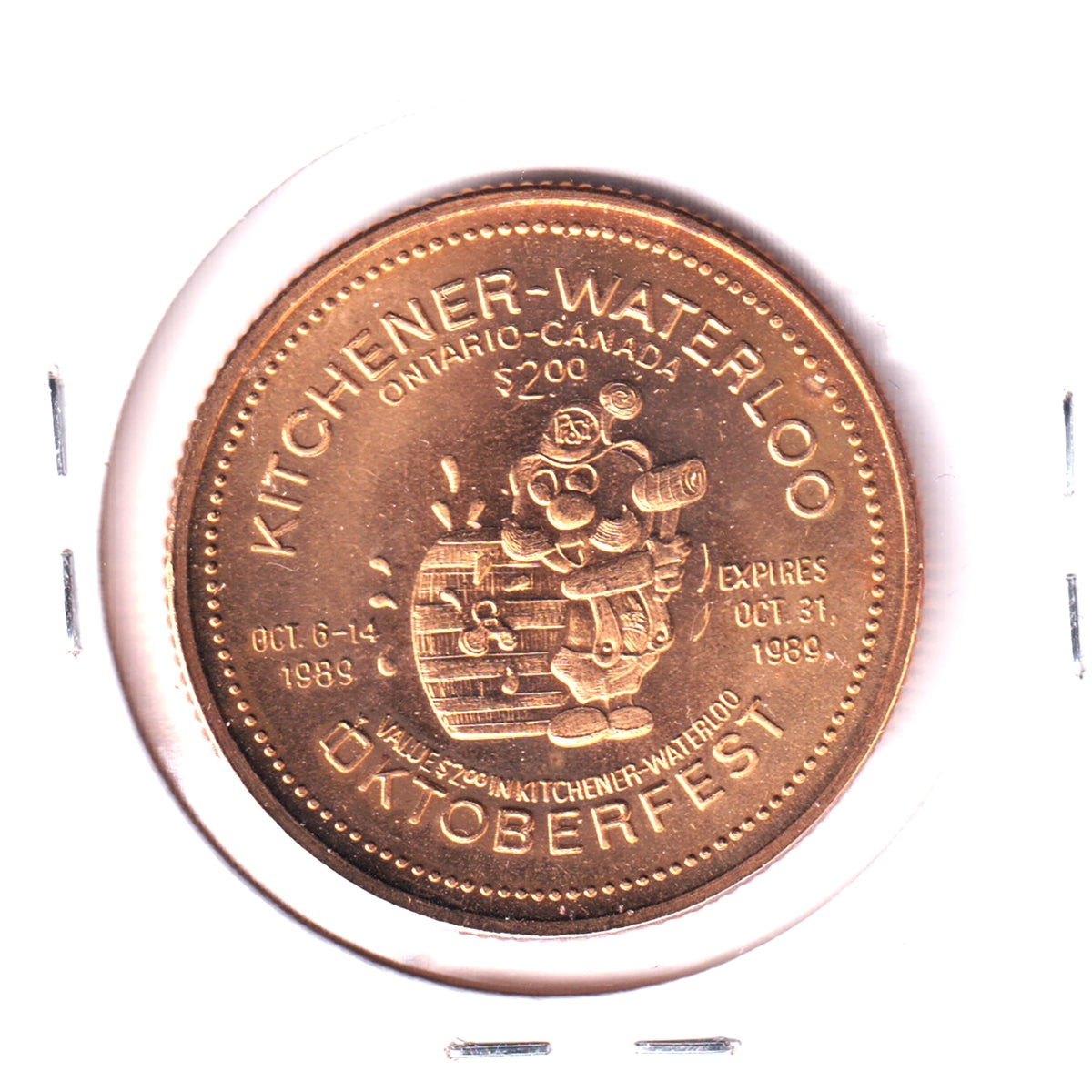 1989 Gold Plated K-W Oktoberfest $2 Trade Token: Bogenschuetzenfest 20th Anniversary