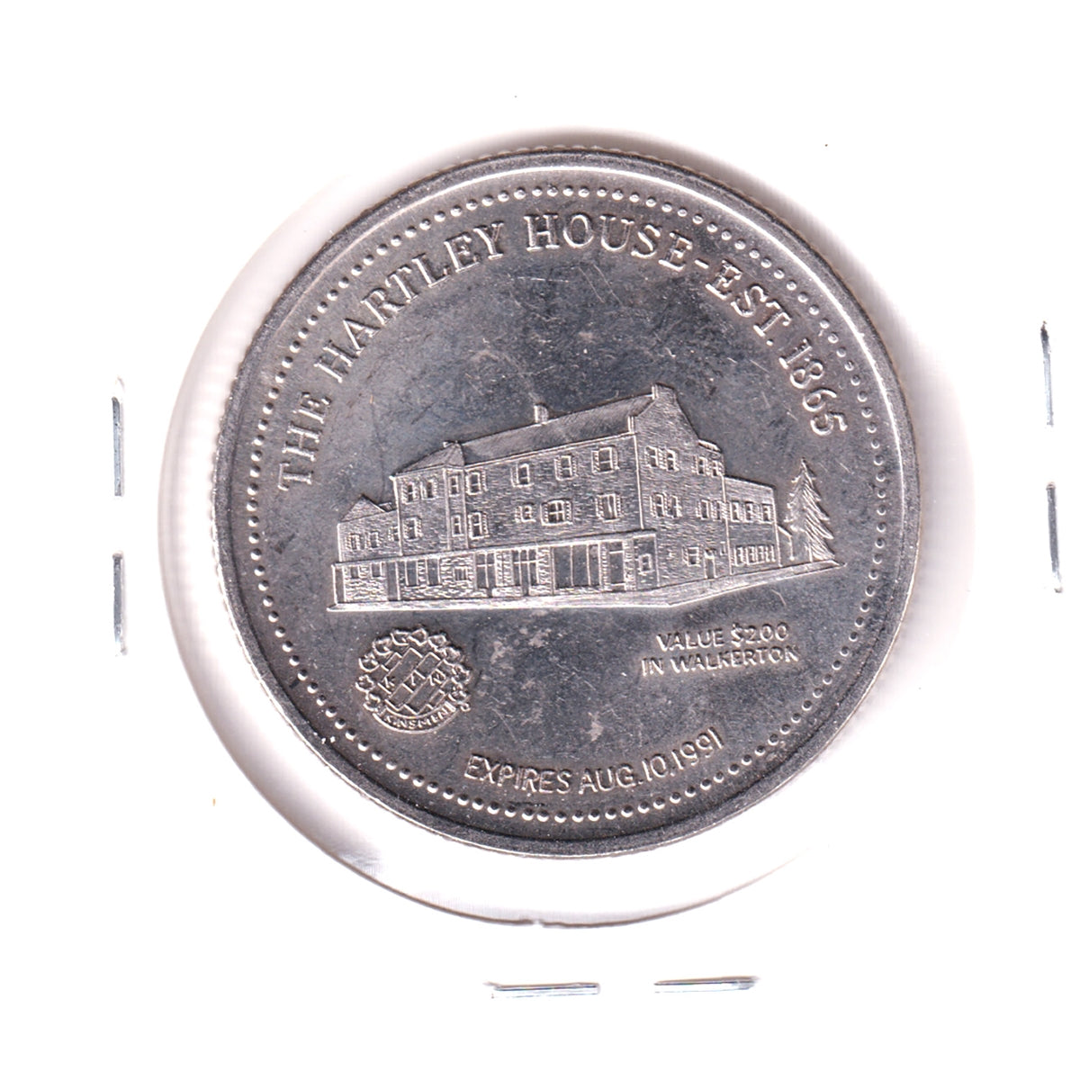 1991 Walkerton, ON, $2 Trade Token: The Hartley House - Est. 1865