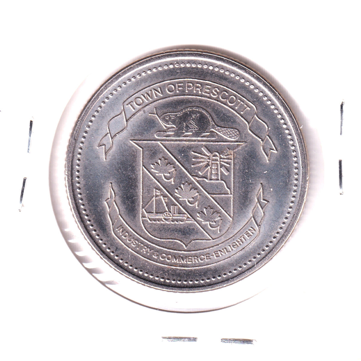 1984 Prescott, ON, 150th Anniversary Trade Dollar Token: Industry & Commerce Enlighten