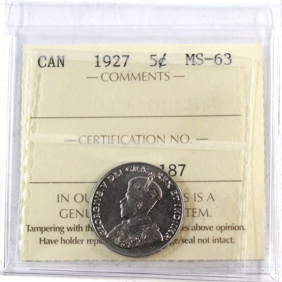 1927 Canada 5-cents ICCS Certified MS63