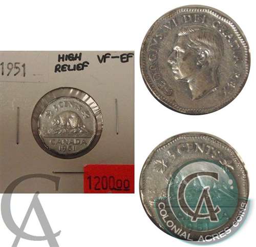1951 High Relief Canada 5-cents VF-EF (VF30) $