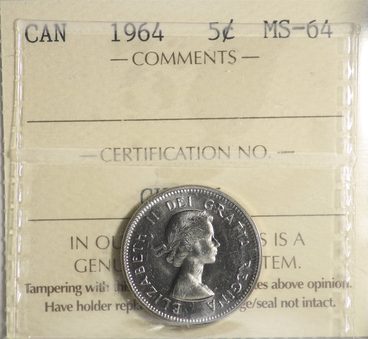 1964 Canada 5-cents ICCS Certified MS-64