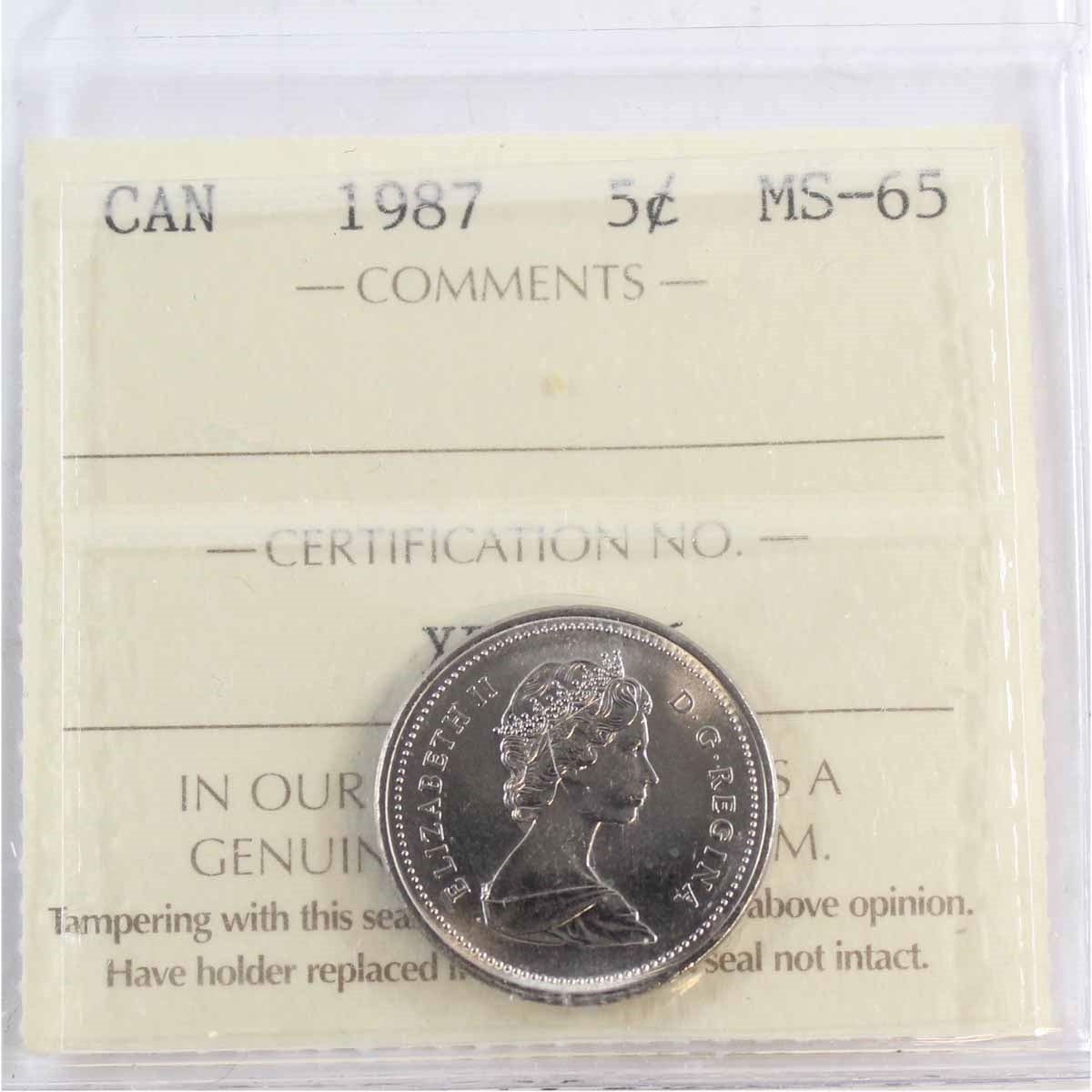 1987 Canada 5-cents ICCS Certified MS65