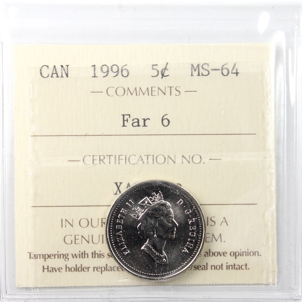 1996 Far 6 Canada 5-cents ICCS Certified MS64 – Colonial Acres Coins
