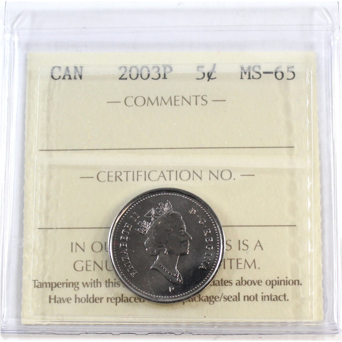 2003P Old Effigy Canada 5-cents ICCS Certified MS65
