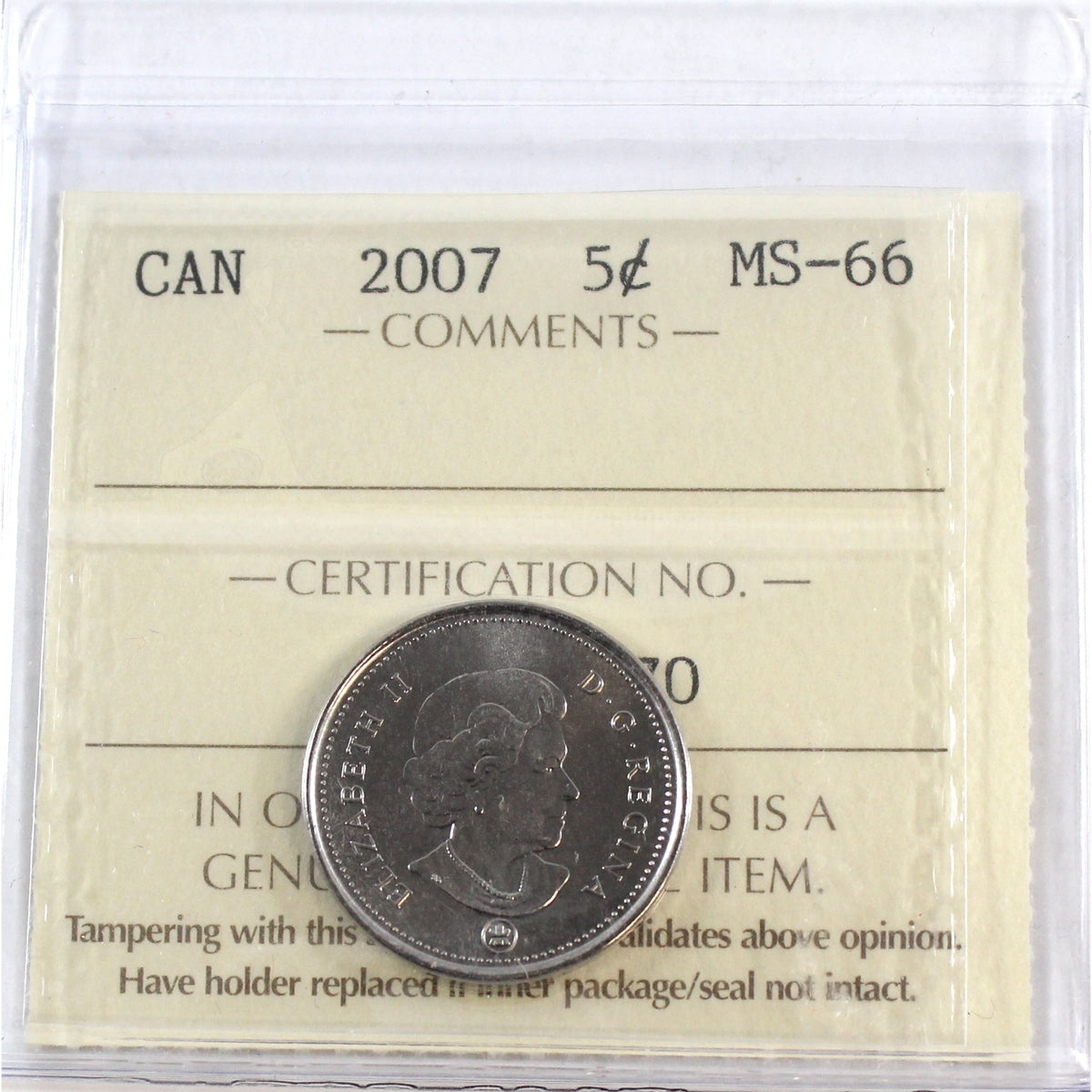 2007 Canada 5-cents ICCS Certified MS66