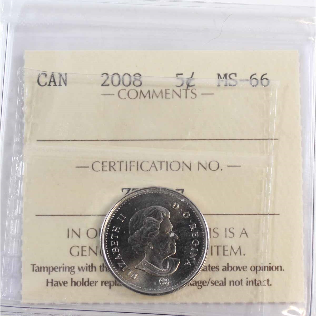 2008 Canada 5-cents ICCS Certified MS66