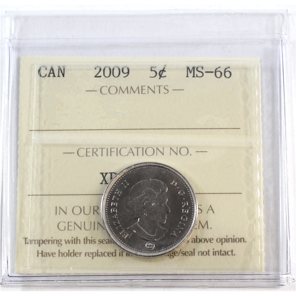2009 Canada 5-cents ICCS Certified MS66