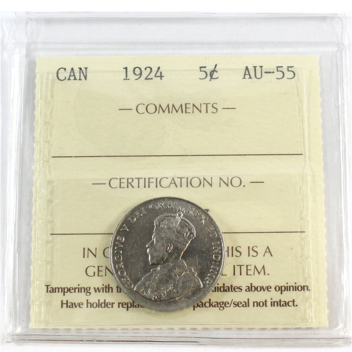 1924 Canada 5-cents ICCS Certified AU55