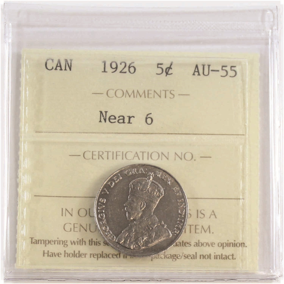 1926 Near 6 Canada 5-cents ICCS Certified AU55