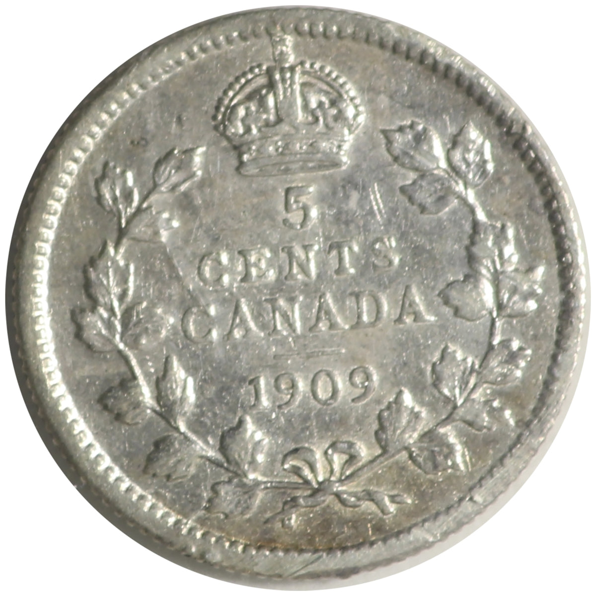 1909 Round Leaves, Bow Tie Canada 5-cents ICCS Certified EF40