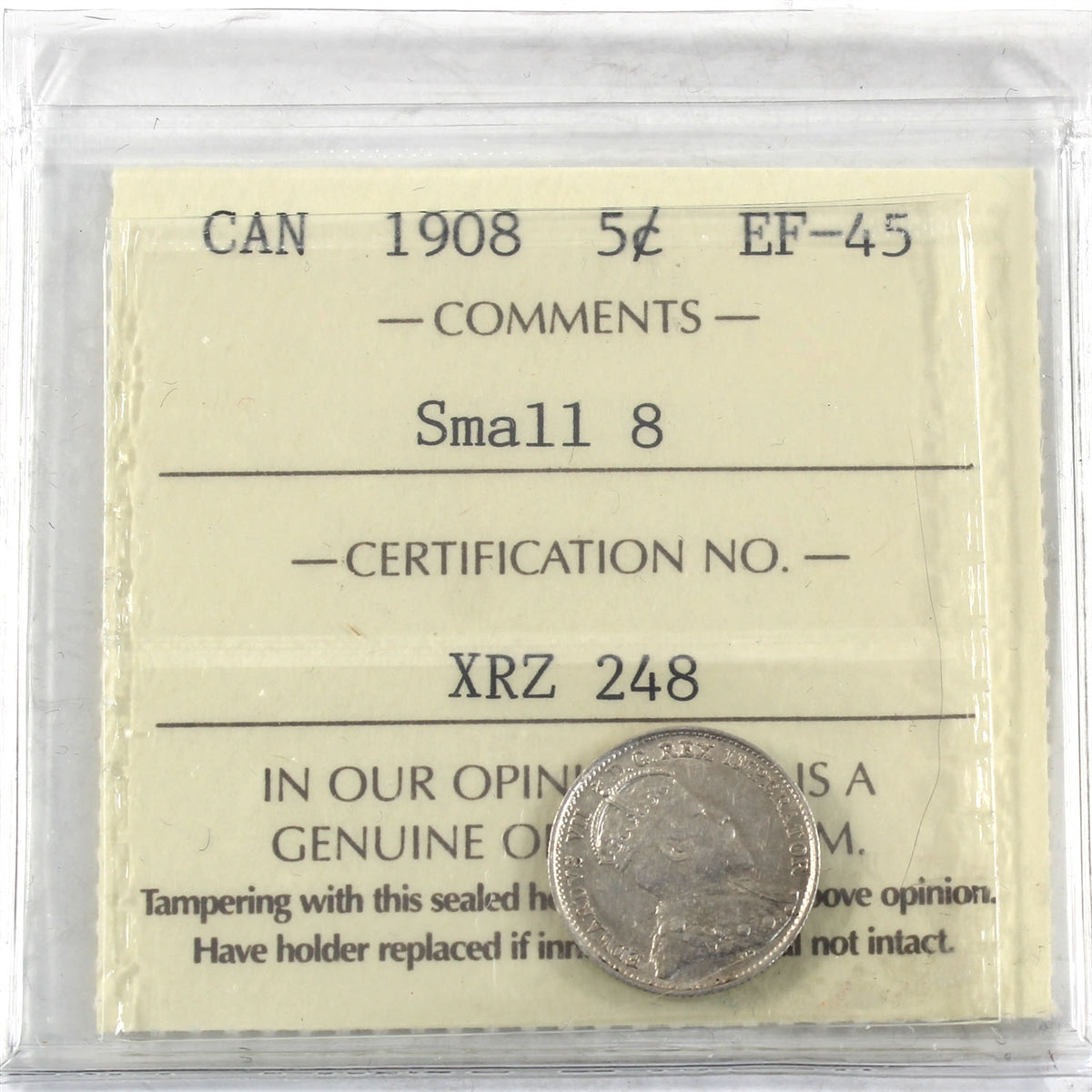 1908 Small 8 Canada 5-cents ICCS Certified EF45