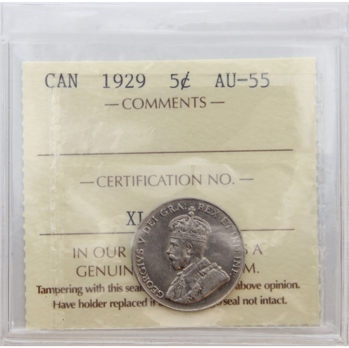1929 Canada 5-cents ICCS Certified AU55