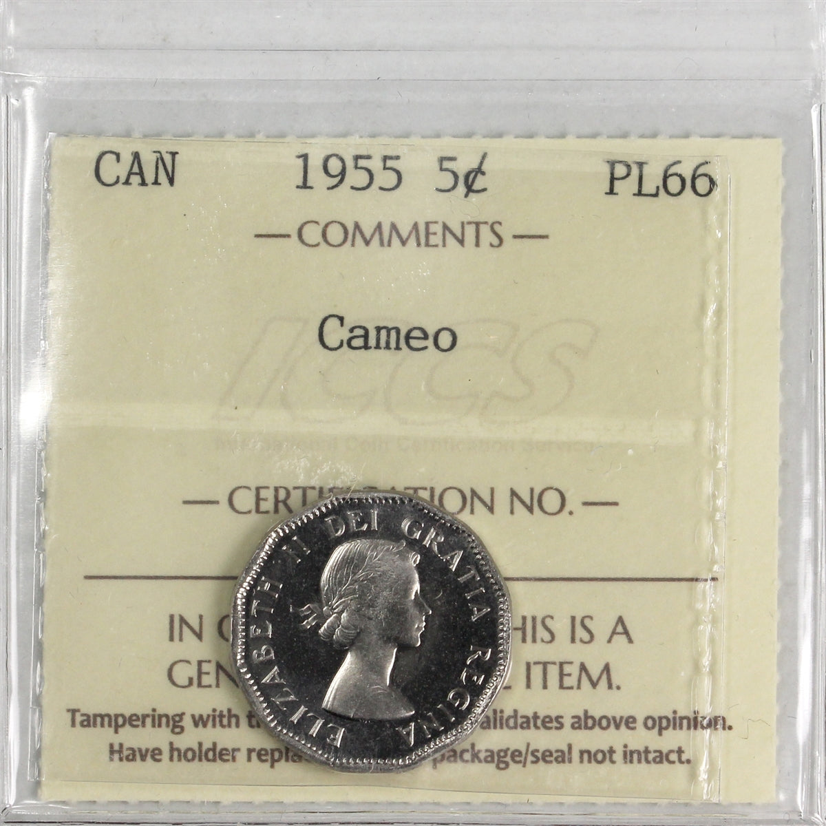 1955 Canada 5-cents ICCS Certified PL-66 Cameo
