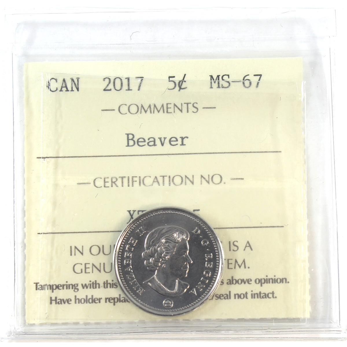 2017 Beaver Canada 5-cents ICCS Certified MS67