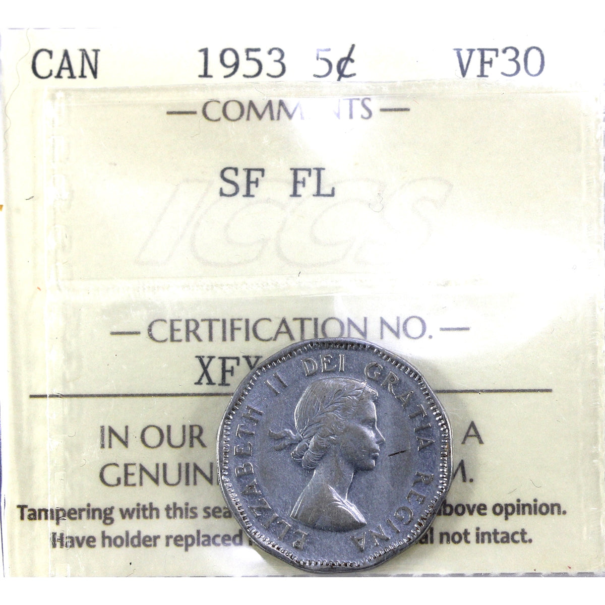 1953 SF FL Canada 5-cents ICCS Certified VF30
