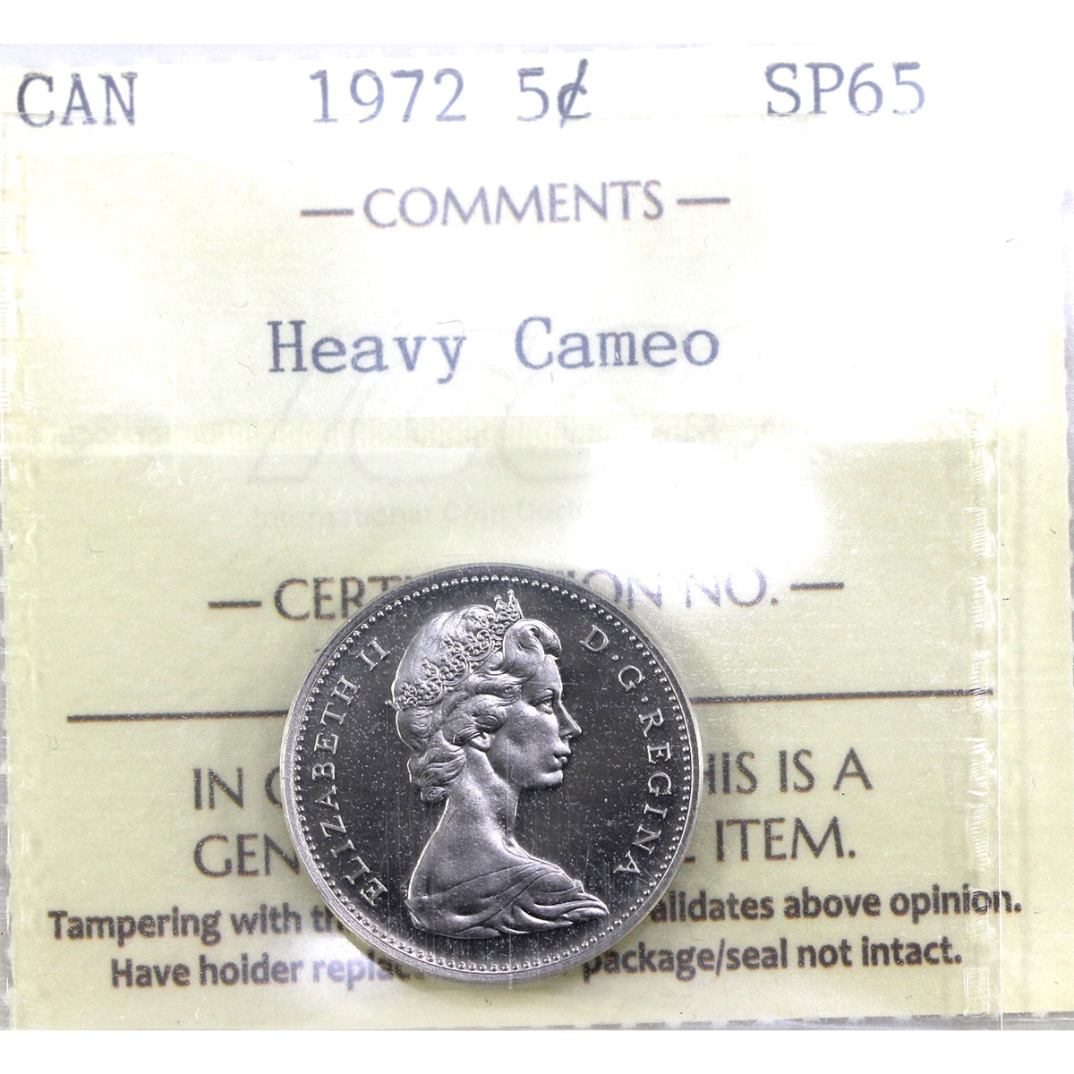 1972 Canada 5-cents ICCS Certified SP65 Heavy Cameo