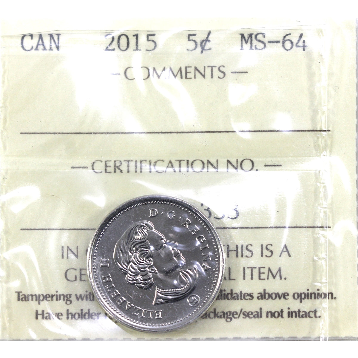 2015 Canada 5-cents ICCS Certified MS64