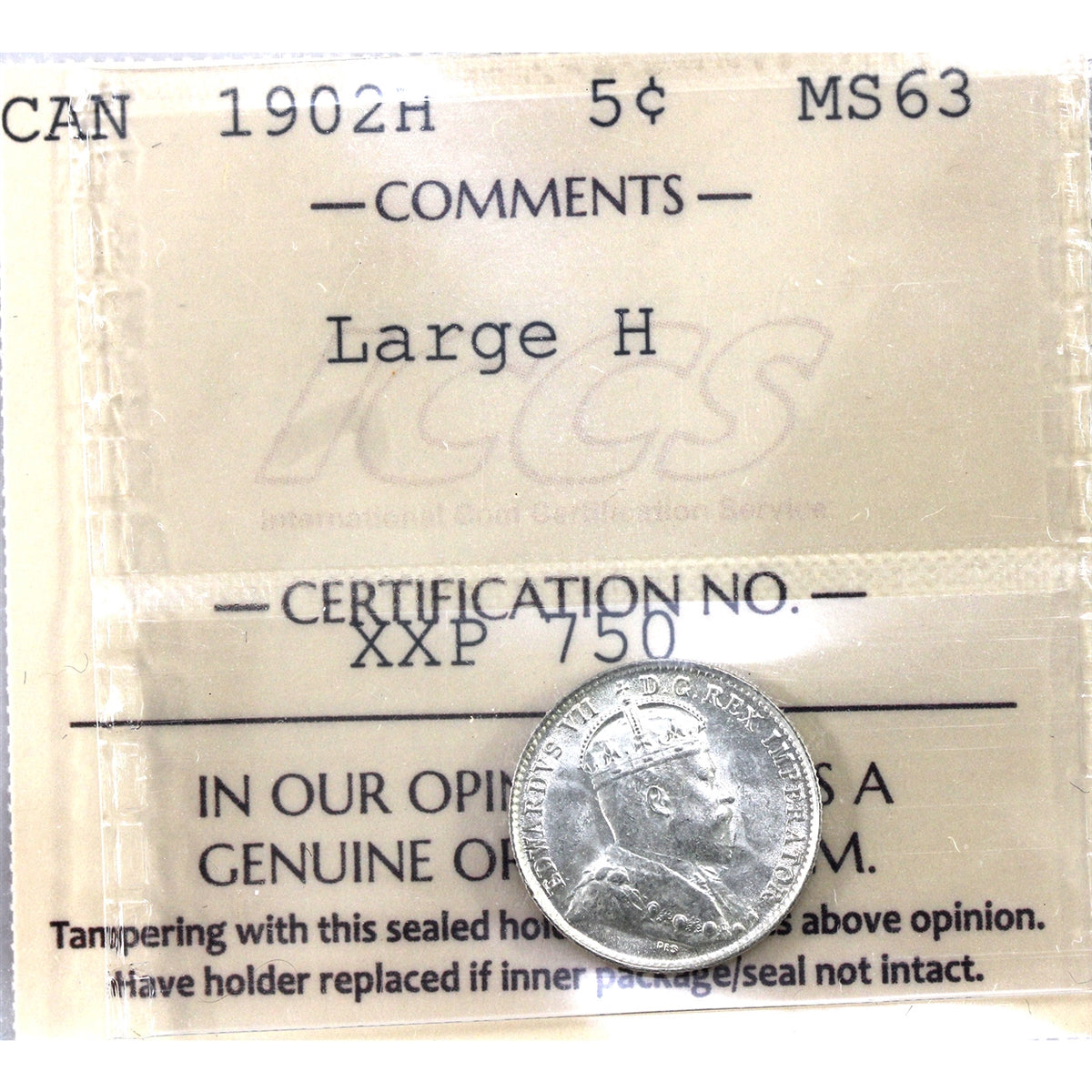 1902H Large H Canada 5-cents ICCS Certified MS63