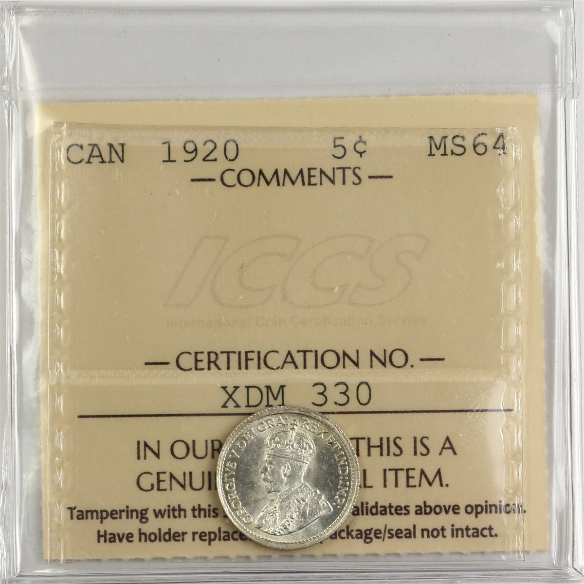 1920 Canada 5-cents ICCS Certified MS64