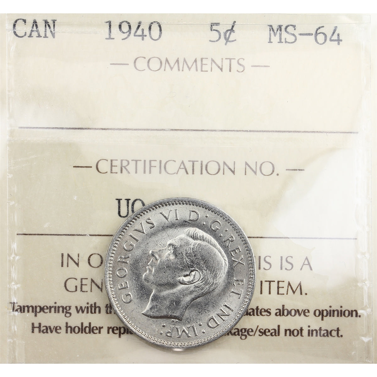 1940 Canada 5-cents ICCS Certified MS64