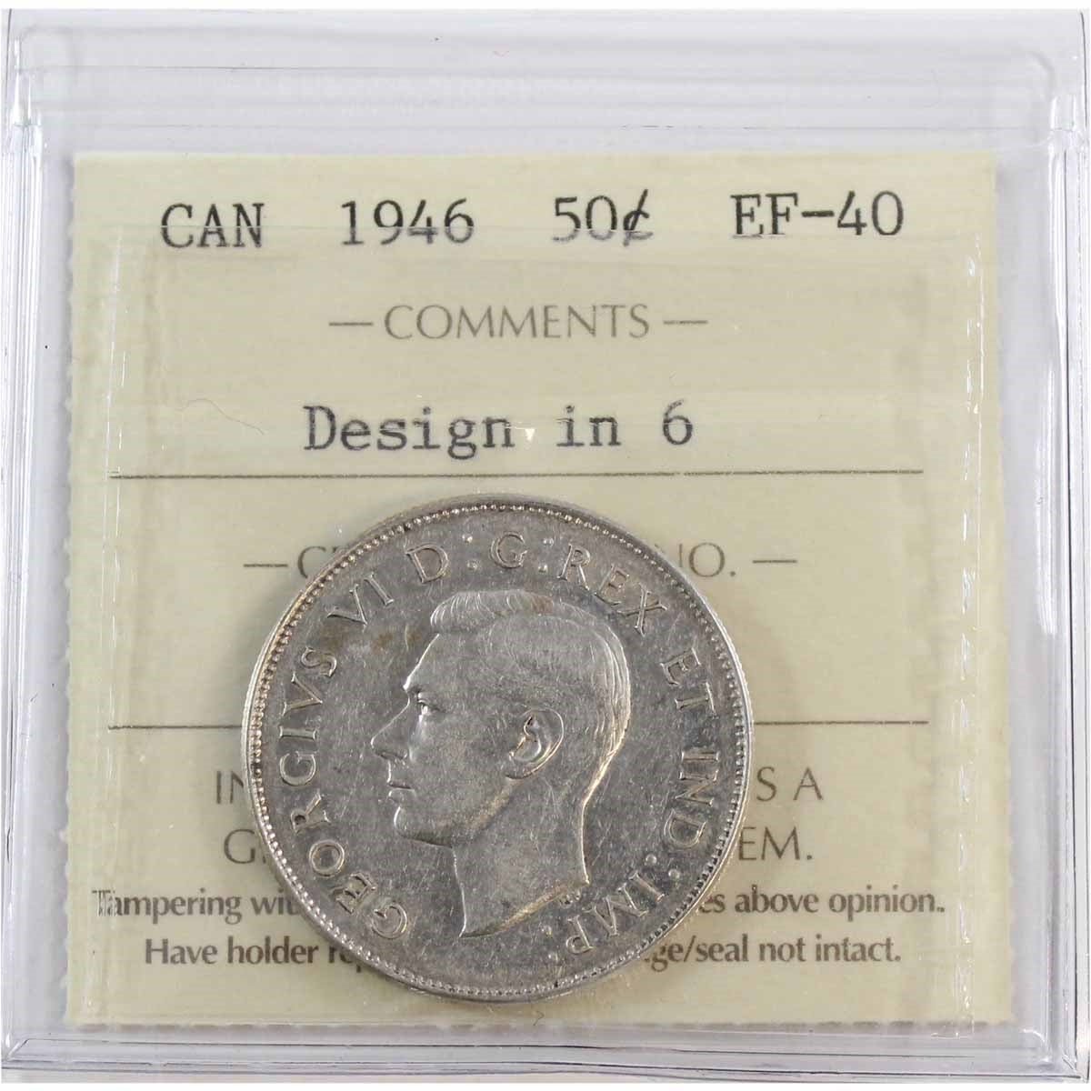 1946 Design in 6 Canada 50-cents ICCS Certified EF40