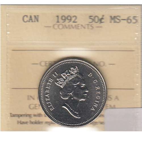 1992 Canada 50-cents ICCS Certified MS65