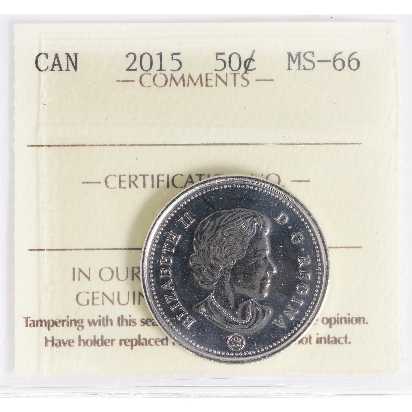 2015 Canada 50-cents ICCS Certified MS66