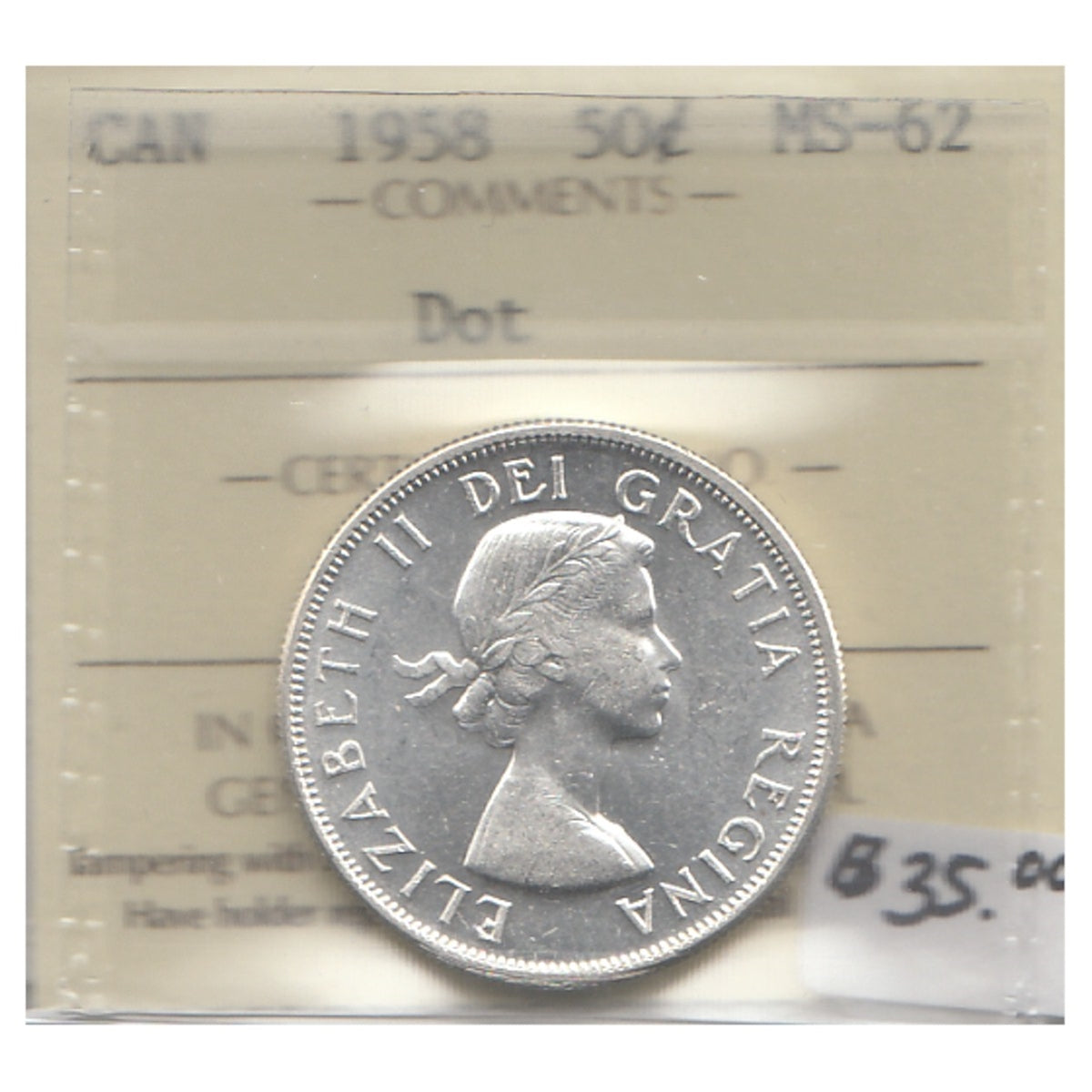 1958 Dot Canada 50-cents ICCS Certified MS62