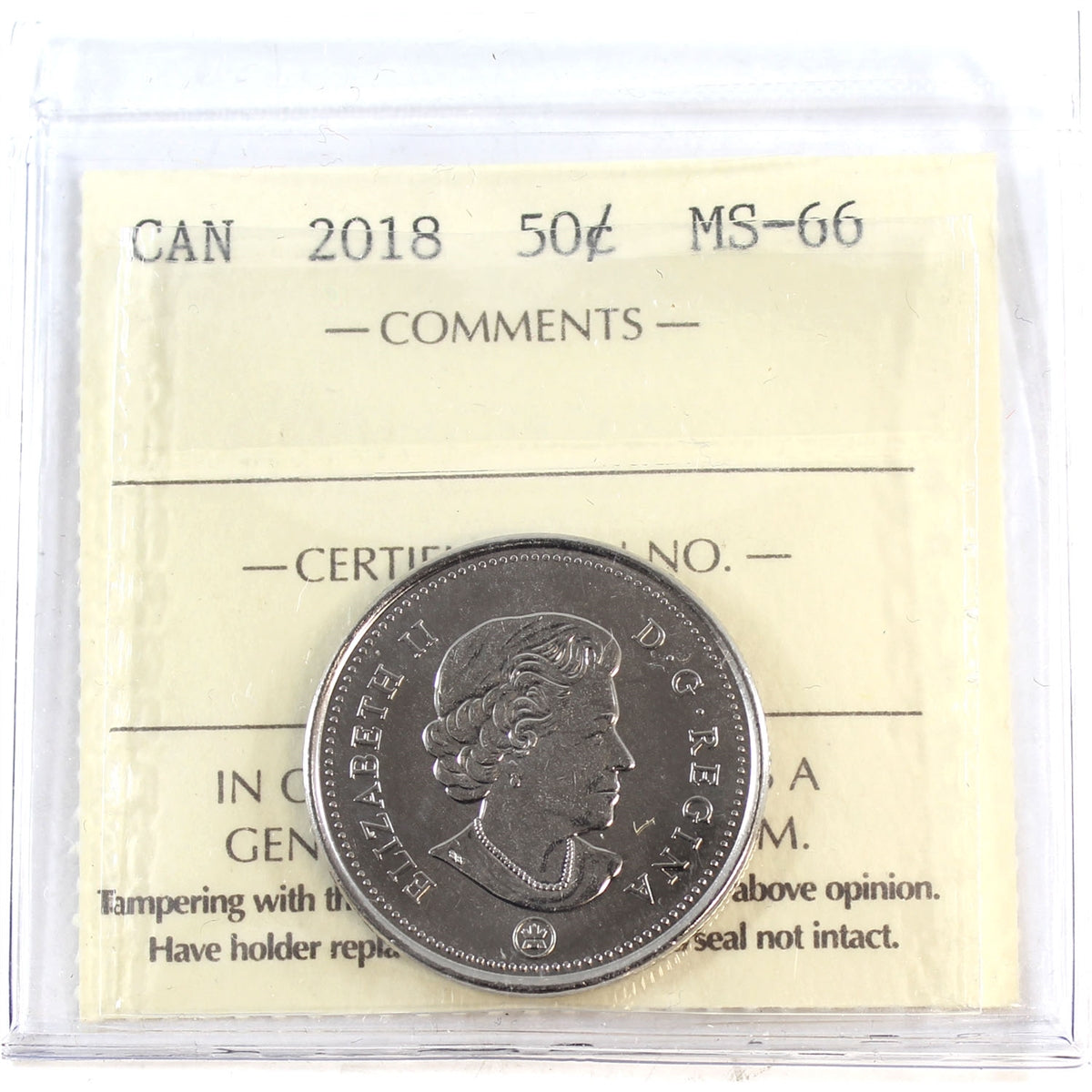 2018 Canada 50-cents ICCS Certified MS66