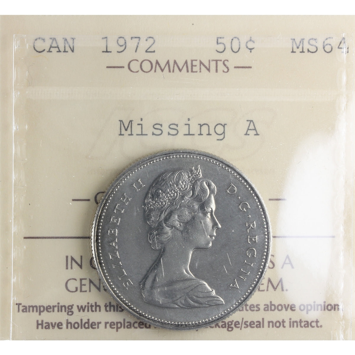1972 Missing A Canada 50-cents ICCS Certified MS64