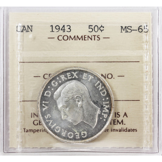 1943 Canada 50-cents ICCS Certified MS65 (KM 822)