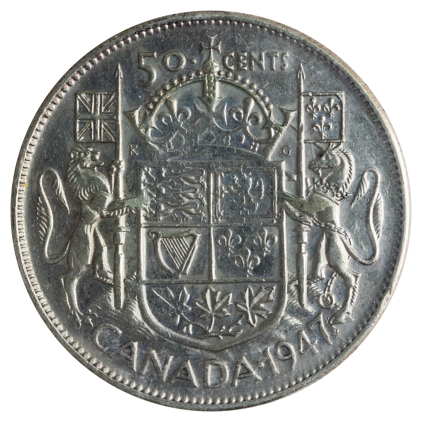 1947 Maple Leaf, Curved Right 7 Canada 50-cents ICCS Certified VF20