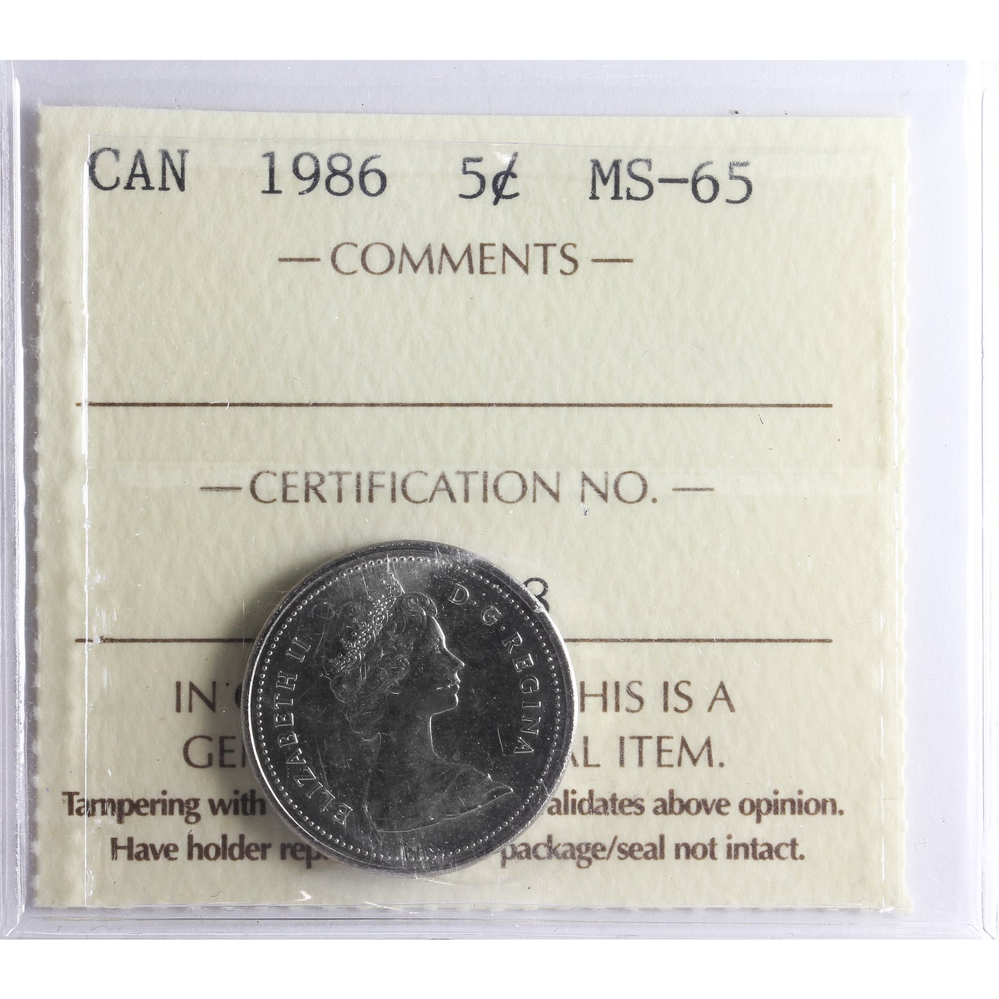 1986 Canada 5-cents ICCS Certified MS65